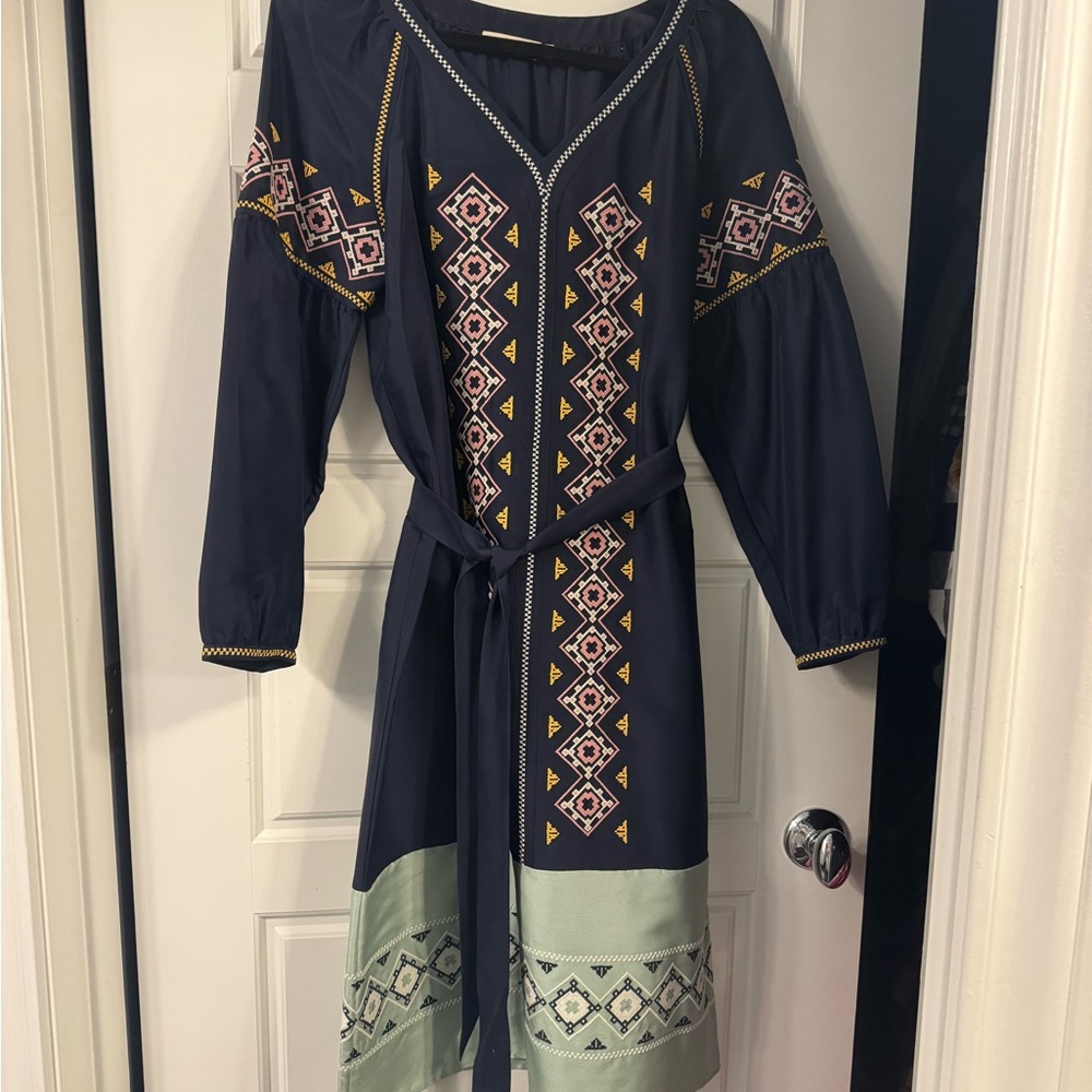 Tory Burch Navy Long Sleeve V-Neck Sundress
